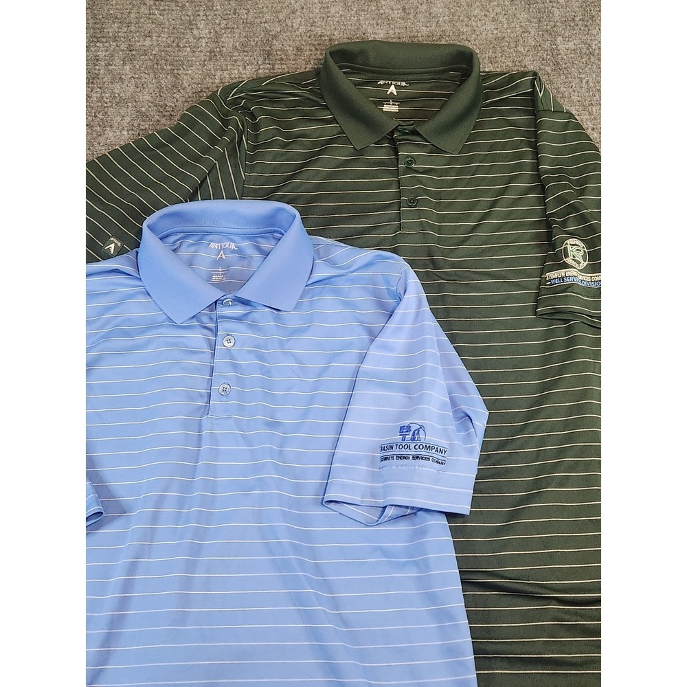 Lot of 2 Antigua Mens Large Polo Shirts Green Blue Striped Desert Dry Golf S/S